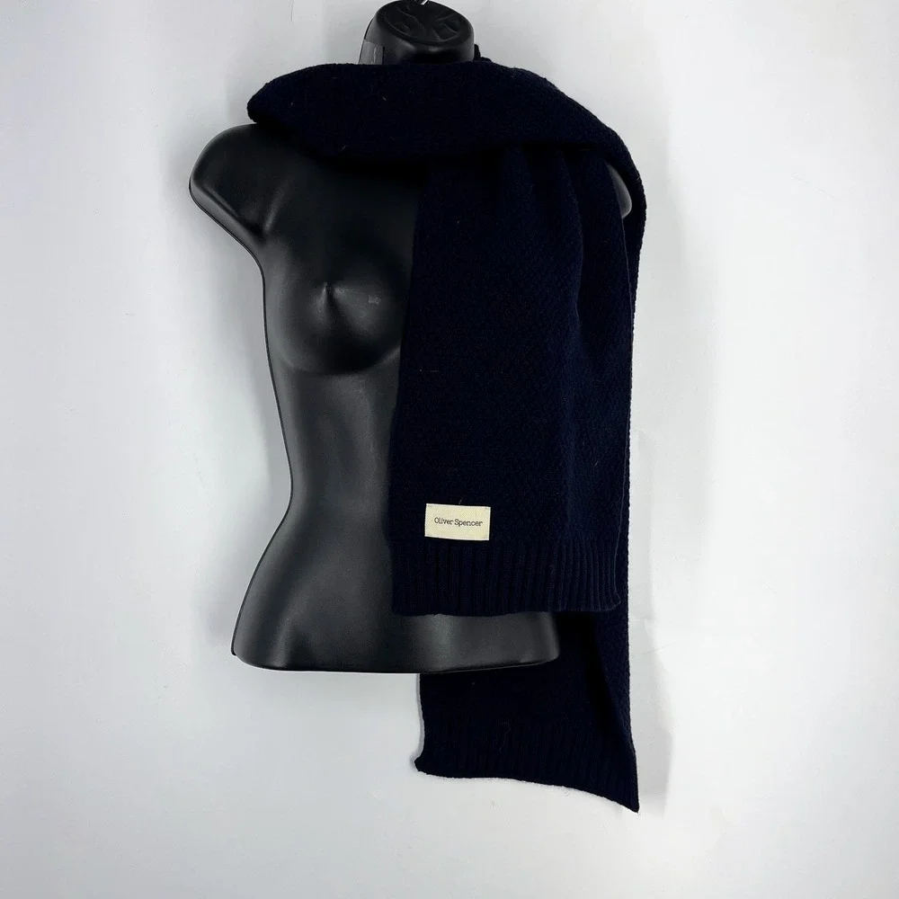 Oliver Spencer Mens Navy Blue Textured Knit Winter Scarf Ribbed Trim Designer